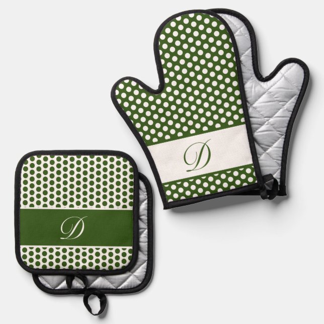 Set De Manoplas Polka-Punto Verde Oscuro y Monogramado Blanco (Anverso/Reverso)
