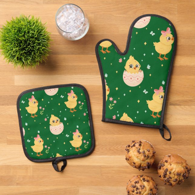 Set De Manoplas Pollito de Pascua lindo con patrón sin fisuras de  (De arriba hacia abajo)