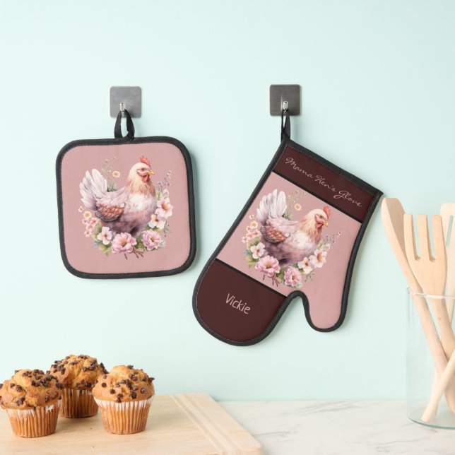 Set De Manoplas Pollo Hen En Flores Rosa Borgoña (Insitu (colgante))