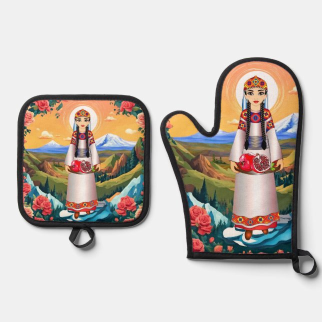 Set De Manoplas Pomegranate Lady Oven Mitt y Pot Holders (Anverso)