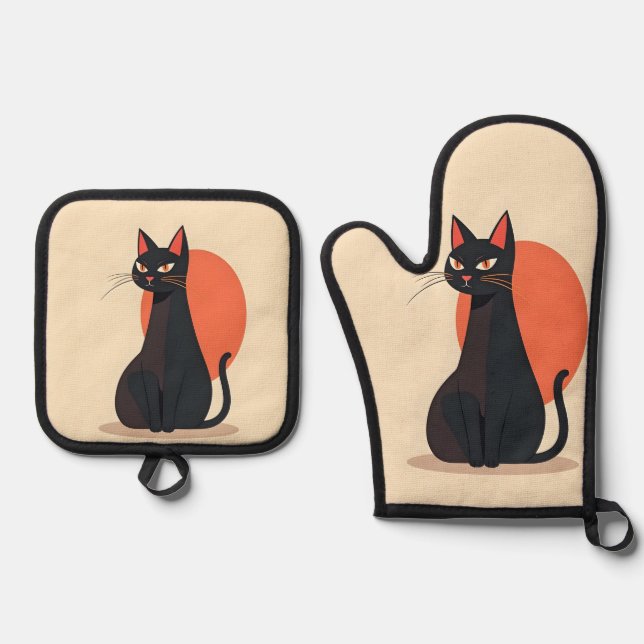 Set De Manoplas Pop Art Black Cat with Orange Sun (Anverso)