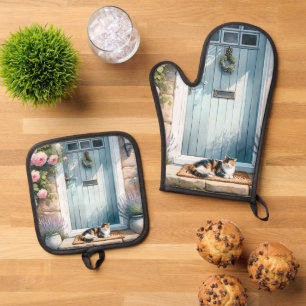 Set De Manoplas Porche floral Cottagecore con gato calico