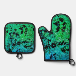 Set De Manoplas Portavasos y horno abstracto azul, hermoso verde