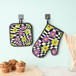 Set De Manoplas Potholder y Oven Mitt con chequeros y flores