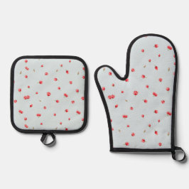 Set De Manoplas Powder Blue Japanese Red Tulip Floral Pattern
