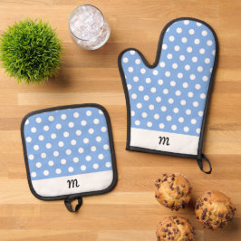 Set De Manoplas Precioso patrón monogramado cielo azul lunares