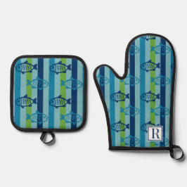 Set De Manoplas Preppy Fish Verde Azul Costero a Rayas