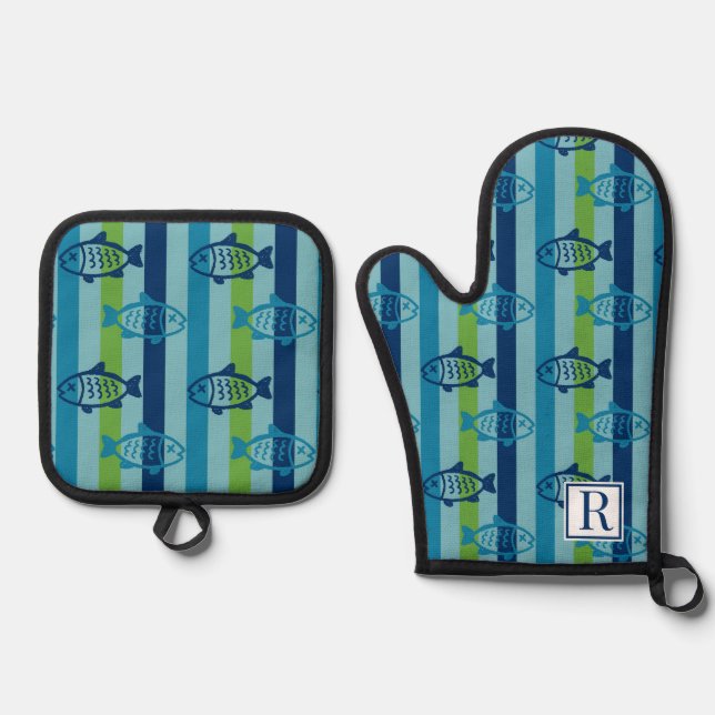 Set De Manoplas Preppy Fish Verde Azul Costero a Rayas (Anverso)