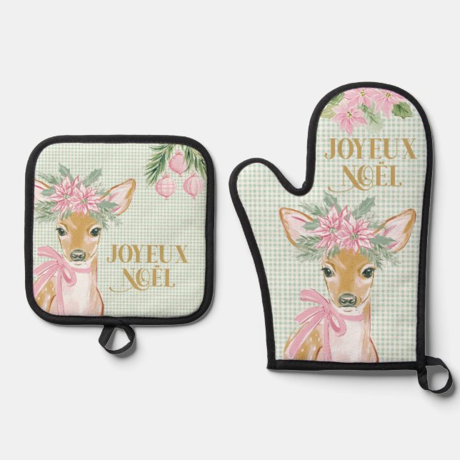 Set De Manoplas Preppy Pink Deer & Green Gingham Joyeux Noël (Anverso)