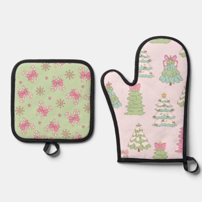 Set De Manoplas Pretty Pastel Christmas Trees and Bows (Anverso)