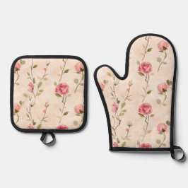 Set De Manoplas Pretty Pink Cream Roses Floral