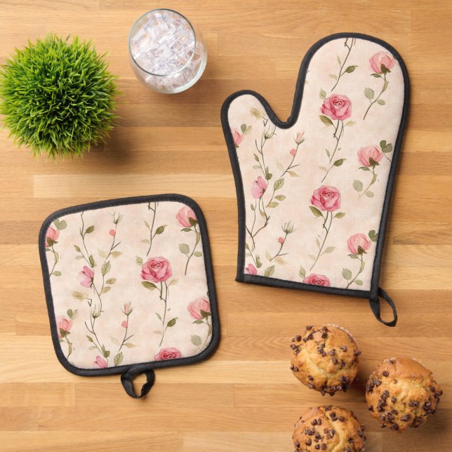Set De Manoplas Pretty Pink Cream Roses Floral  (De arriba hacia abajo)