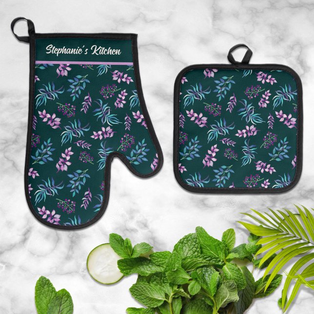 Set De Manoplas Pretty Watercolor Dark Floral Personalized  (Subido por el creador)