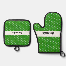 Set De Manoplas Punto de polka verde y blanco personalizado