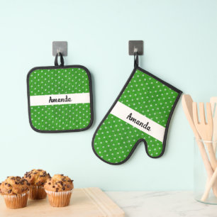 Set De Manoplas Punto de polka verde y blanco personalizado