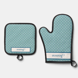 Set De Manoplas Puntos de Polka azul y blanco