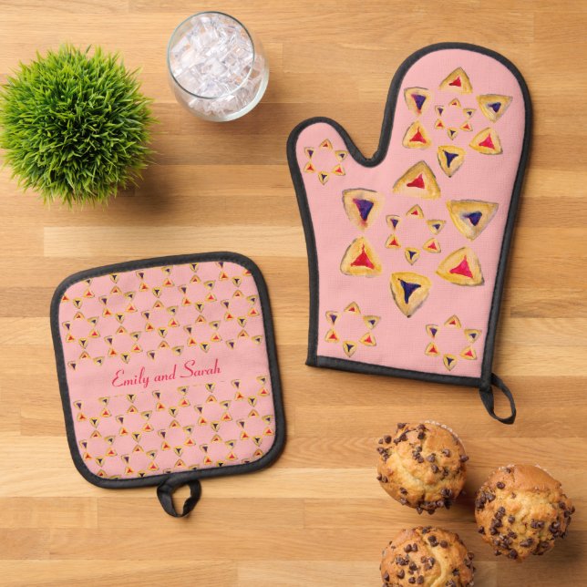 Set De Manoplas Purim Hamantaschen Personalizable Rosé (De arriba hacia abajo)