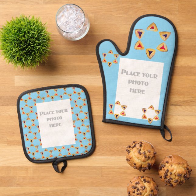 Set De Manoplas Purim Hamantaschen Photo Blue Background (De arriba hacia abajo)