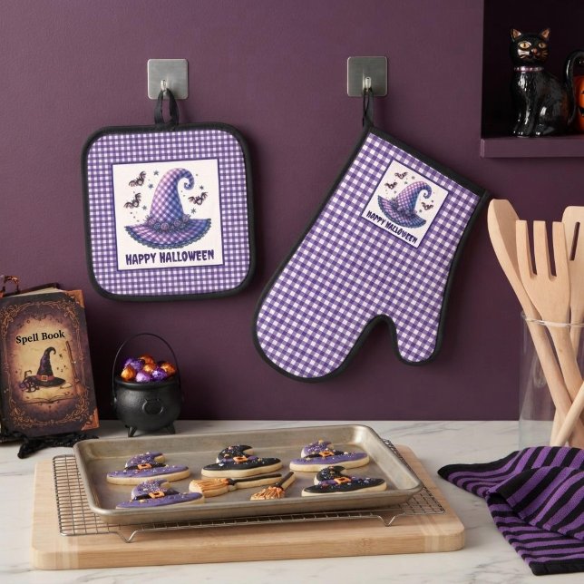 Set De Manoplas Purple Gingham Halloween Witch Hat and Bats (Subido por el creador)