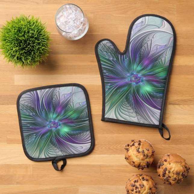 Set De Manoplas Purple Green Flower Modern Abstract Art Fractal (De arriba hacia abajo)