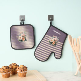 Set De Manoplas Púrpura arriba con marfil Stripes Floral