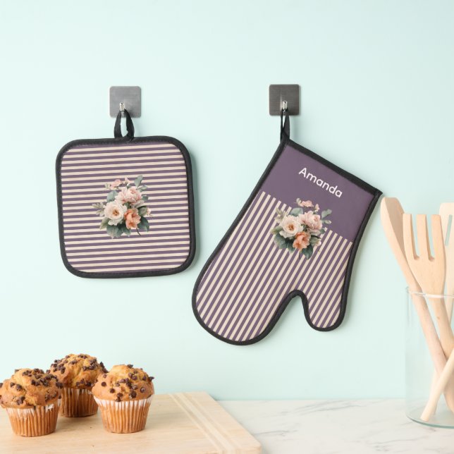 Set De Manoplas Púrpura arriba con marfil Stripes Floral (Insitu (colgante))
