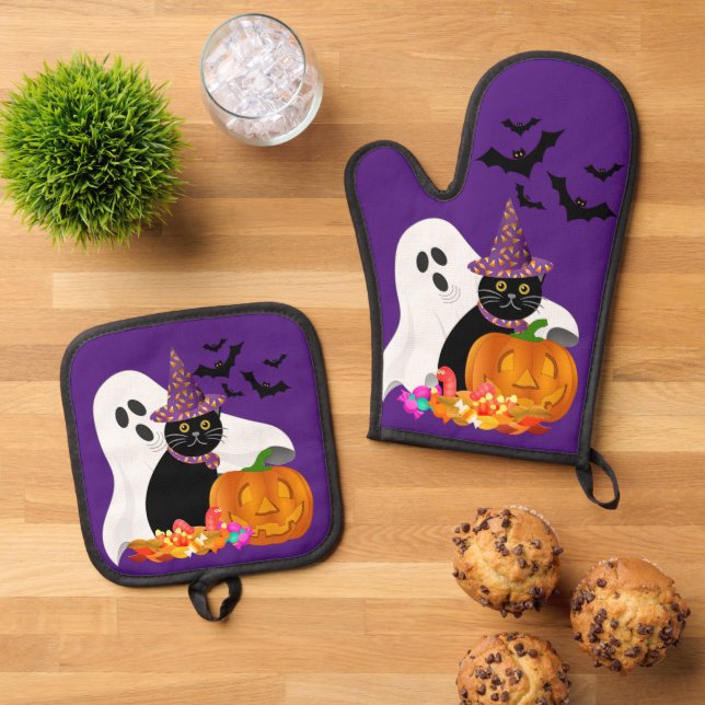 Set De Manoplas Púrpura de gato negro fantasma de Halloween (De arriba hacia abajo)