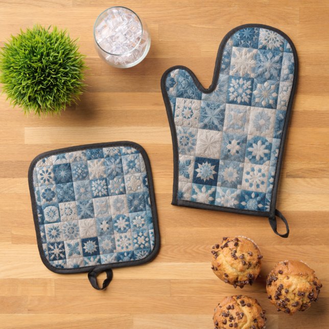 Set De Manoplas Quilt de copo de nieve azul y blanco (De arriba hacia abajo)