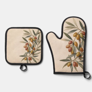 Set De Manoplas Rama de olivo botánico vintage aceitunas 