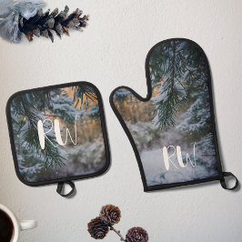 Set De Manoplas Ramas de pino cubiertas de nieve