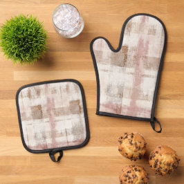 Set De Manoplas Rayas abstractas marrones crema rosadas