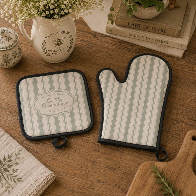 Set De Manoplas Rayas de Campo Francés Verde Salvia Suave | Rústic (Subido por el creador)