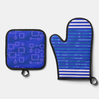 Set De Manoplas Rayas Geométricas Blancas Azules Frías