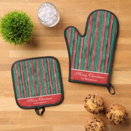 Set De Manoplas Rayas rojas y verdes de acuarela Navidad personali
