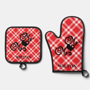 Set De Manoplas Red Checkered Mr. Monograma de la Sra. Hearts