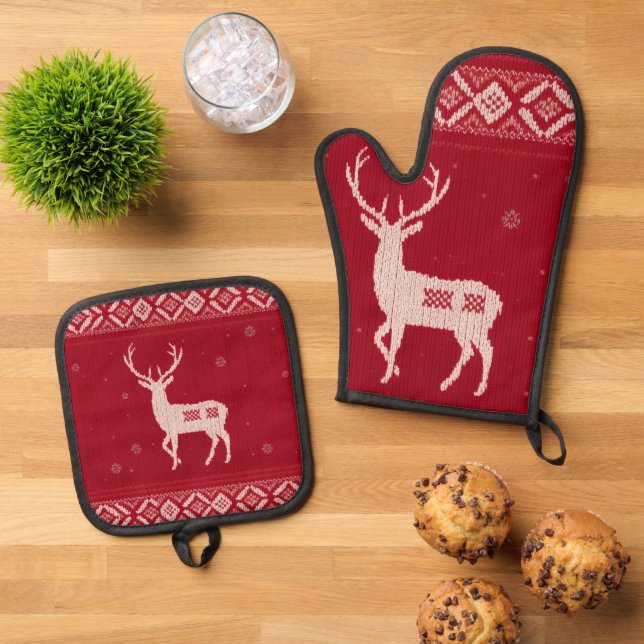 Set De Manoplas Red Norwegian Knit w/ Deer, Oven Mitt & Pot Holder (De arriba hacia abajo)
