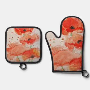 Set De Manoplas Red Poppy Poppies Flandes Watercolor Oven Mit