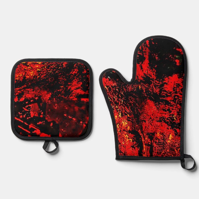 Set De Manoplas Red texture pot holder and oven mitt,Dark abstract (Anverso)