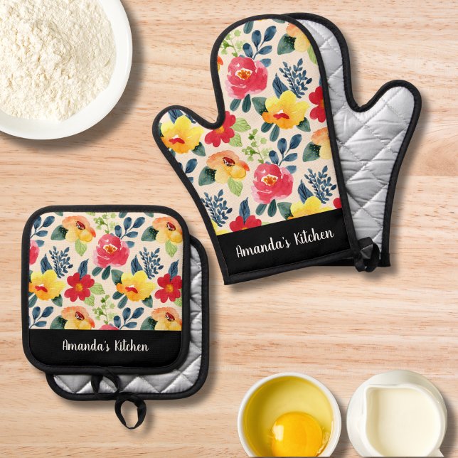 Set De Manoplas Regalo Personalizado de Acuarela Floral Verde con  (Subido por el creador)