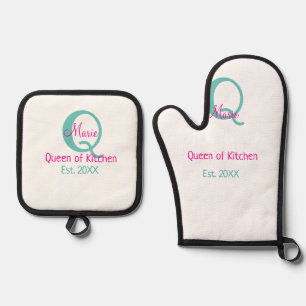 Set De Manoplas Reina de la cocina monograma minimo verde rosa sim