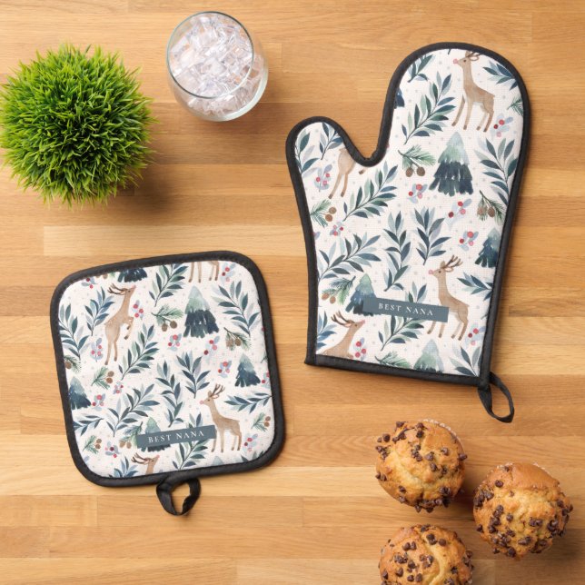 Set De Manoplas Renos acuarelas en los Navidades forestales (De arriba hacia abajo)