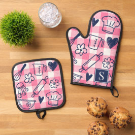 Set De Manoplas Repostería Elegante de Cuadro Rosa 