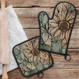 Set De Manoplas Resumen Boho Floral Sage y Beige
