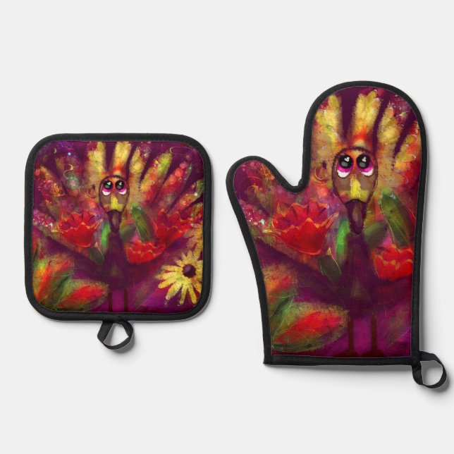 Set De Manoplas Resumen caprichoso Turquía Floral Amarillo Rojo (Anverso)