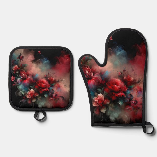 Set De Manoplas Resumen floral rojo y azul sobre fondo negro (Anverso)