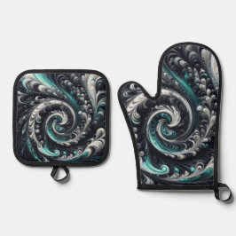 Set De Manoplas Resumen Moderno Swirling Green, Silver y Black