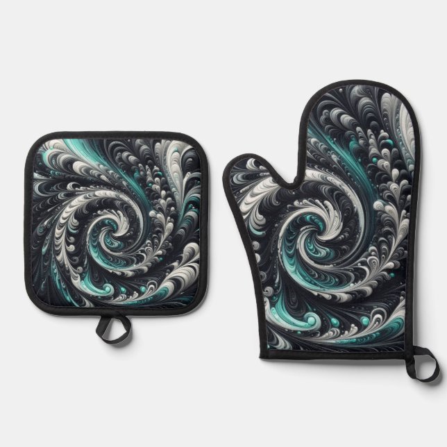 Set De Manoplas Resumen Moderno Swirling Green, Silver y Black (Anverso)