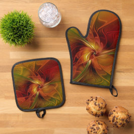 Set De Manoplas Resumen Naranja rojo Brown Flor de arte fractal ve