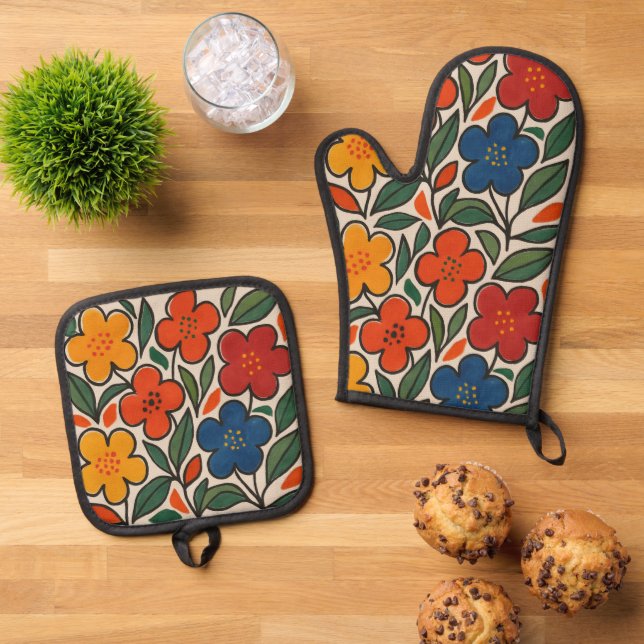 Set De Manoplas Retro 1960s Style Floral Pattern (De arriba hacia abajo)