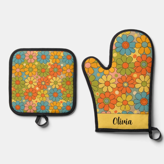 Set De Manoplas Retro años 70 Groovy Flower Power (Anverso)